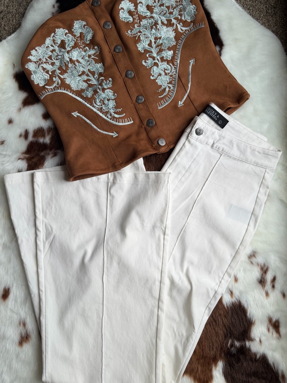 NWT Embroidered Strapless Corset & White Flare Pants Set